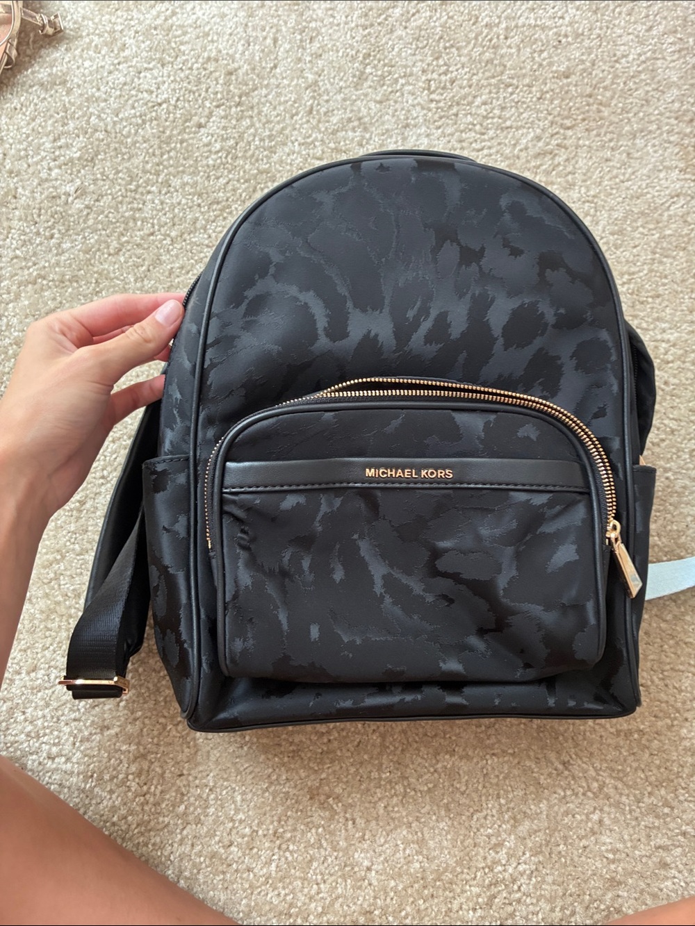 Michael Kors Black Patterned Jet Set Backpack with Gold Hardware